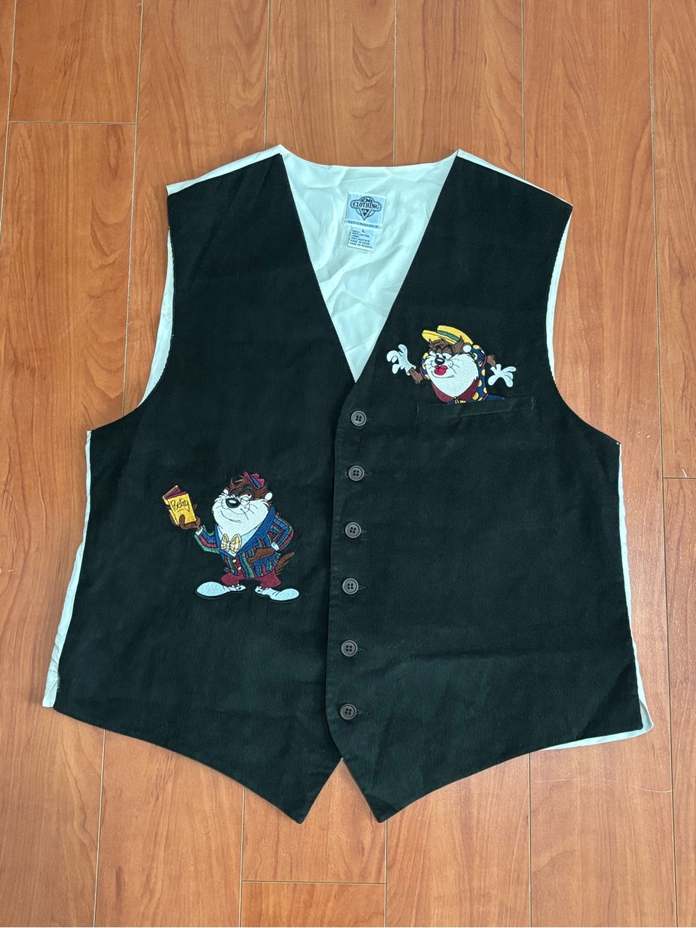 Vintage 1993 Looney Tunes Taz Tasmanian Devil Corduroy Vest Acme Size Large